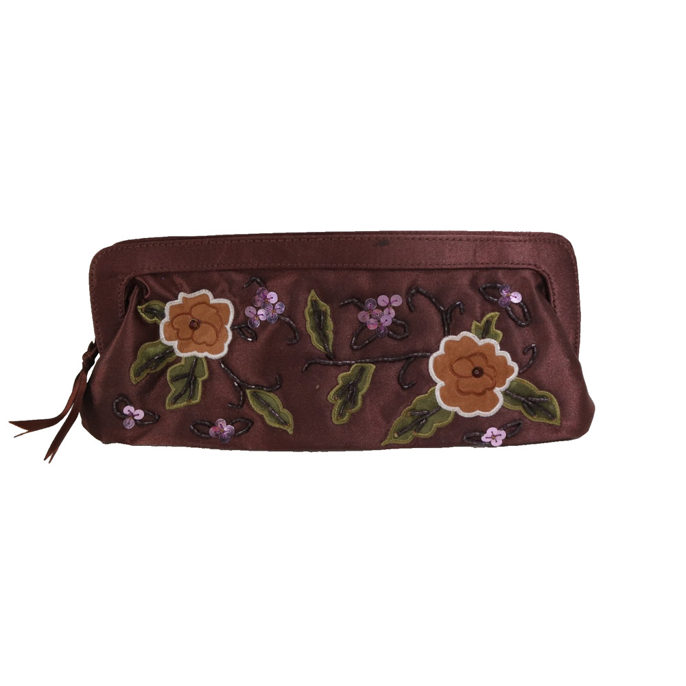 Avon Clutch Handbag Brown Satin Floral Embroider Beaded Sequin Evening Bag Purse
